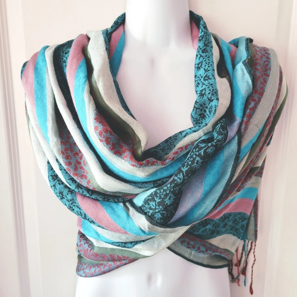 Oversized Woven Reversible Striped Scarf Blue Black Pink White - Picture 1 of 5